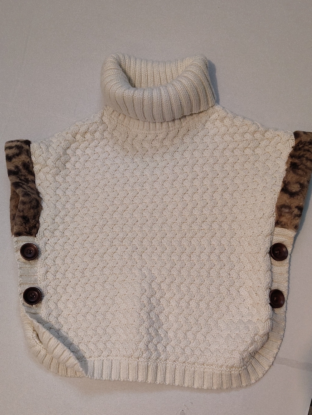 Cream Cable-Knit Turtleneck Shoulder Cape with Faux-Fur Trim